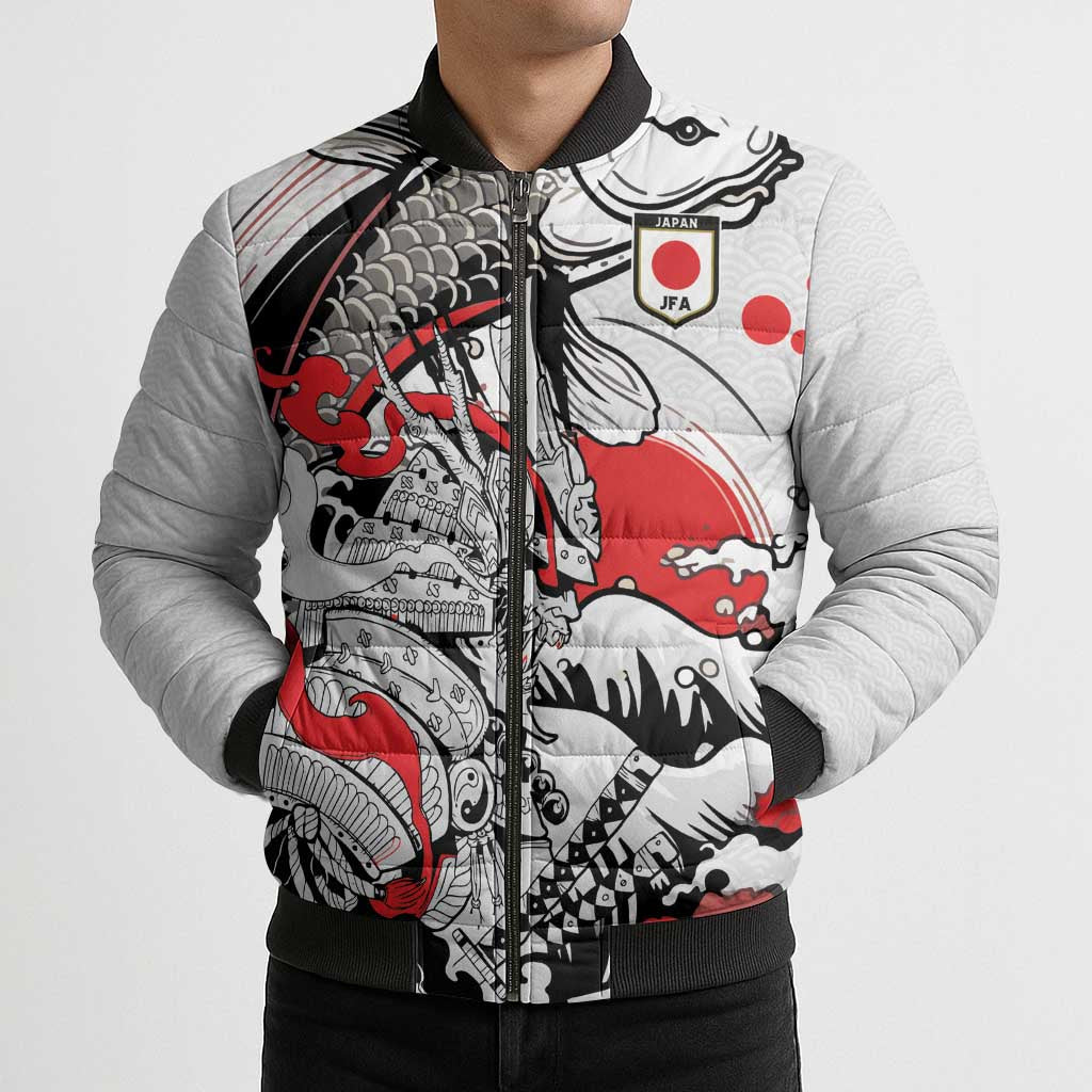 Personalized Football Japan Yatagarasu Bomber Puffer Jacket White Samurai Tsunami Wave Pattern