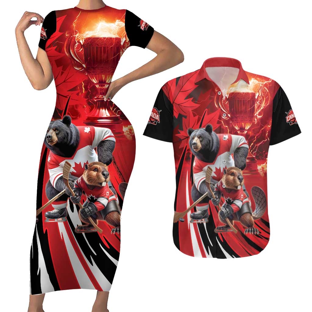 Canada Ice Hockey Champions Personalized Couples Matching Short Sleeve Bodycon Dress and Hawaiian Shirt Proud Member of the Eh Team