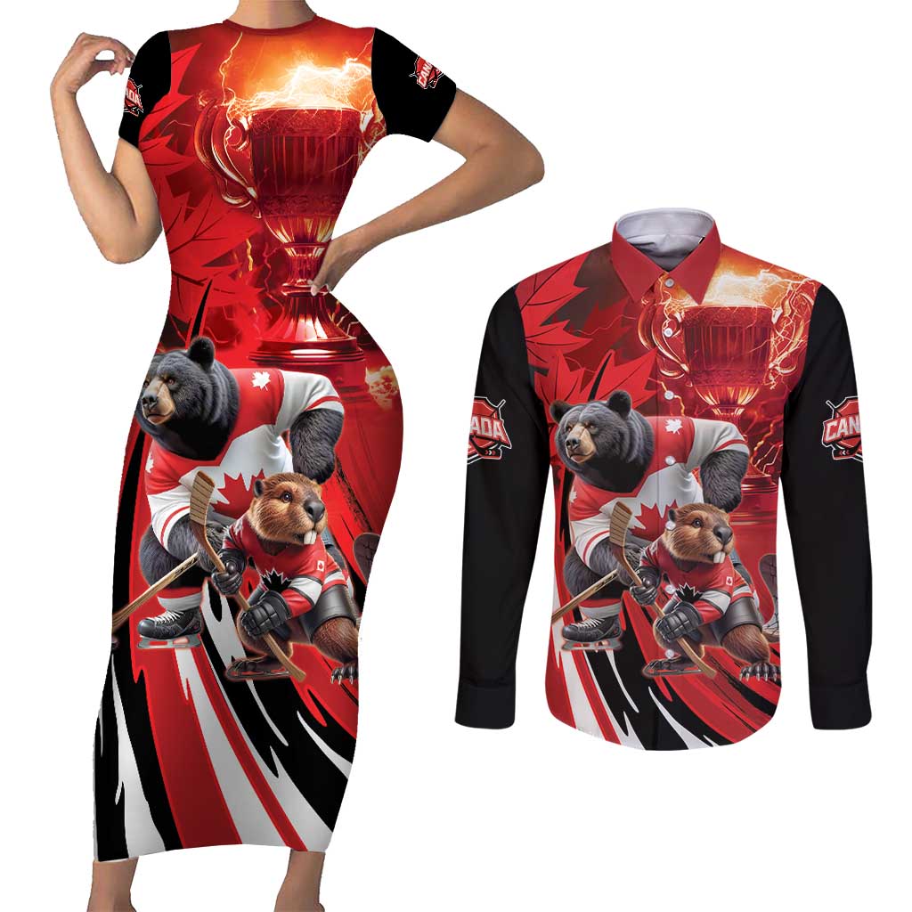 Canada Ice Hockey Champions Personalized Couples Matching Short Sleeve Bodycon Dress and Long Sleeve Button Shirt Proud Member of the Eh Team