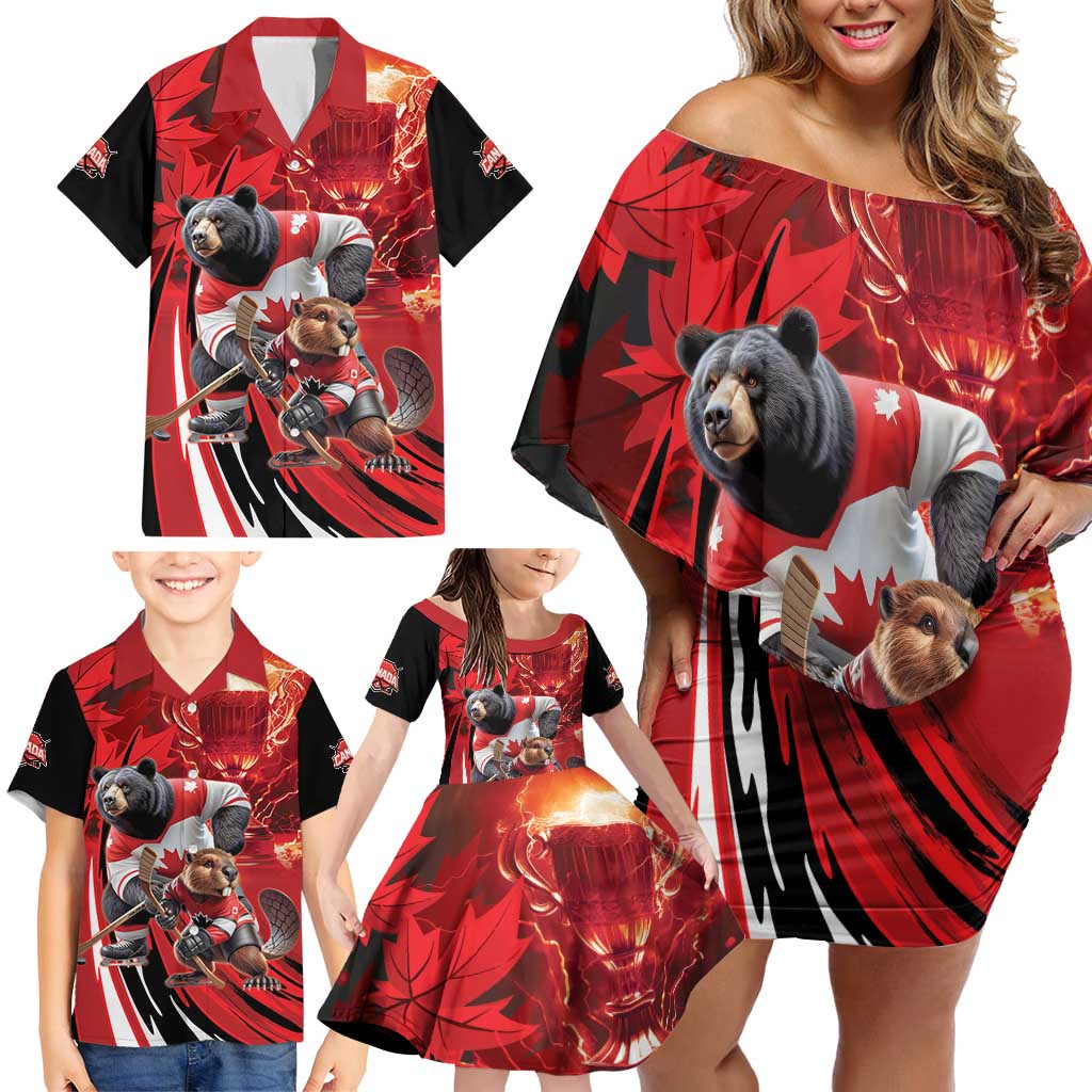 Canada Ice Hockey Champions Personalized Family Matching Off Shoulder Short Dress and Hawaiian Shirt Proud Member of the Eh Team