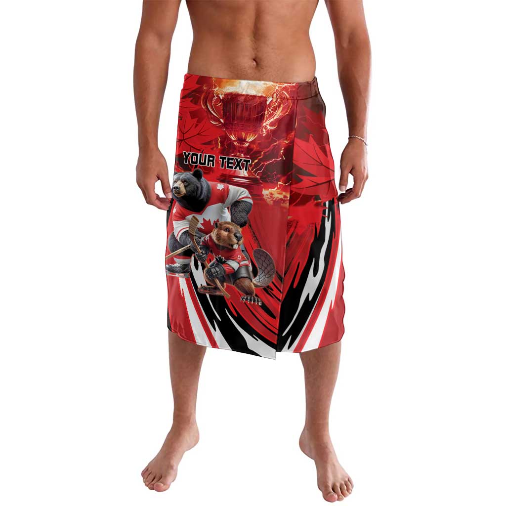 Red personalized hockey lavalava skirt with trophy and graphic player artwork