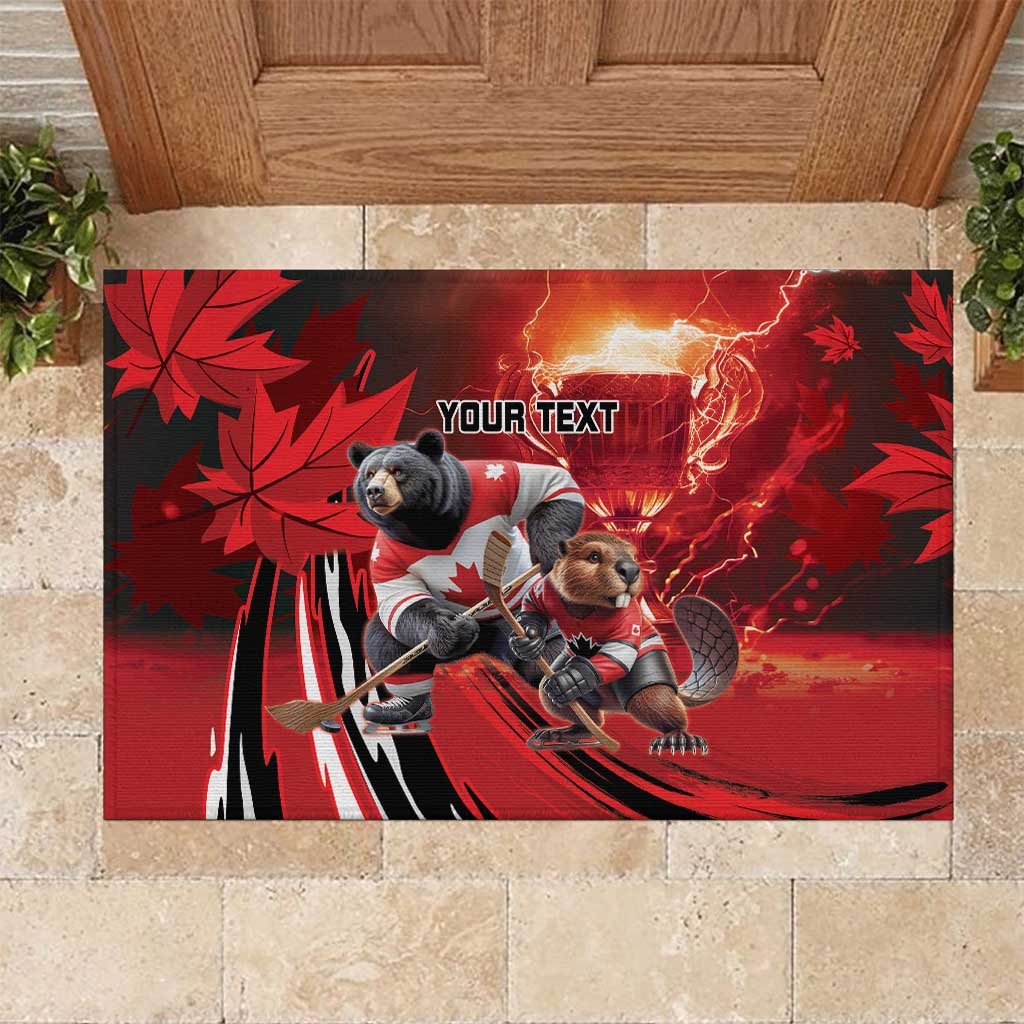 Red personalized rubber doormat with dogs in hockey jerseys, maple leaves and lightning