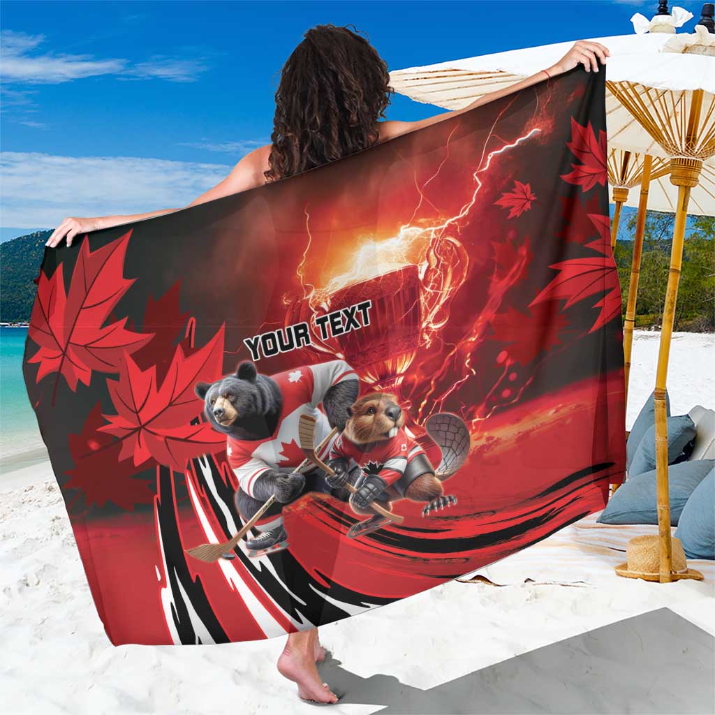 Red personalized hockey sarong with lightning dog goalie graphic and maple leaf print