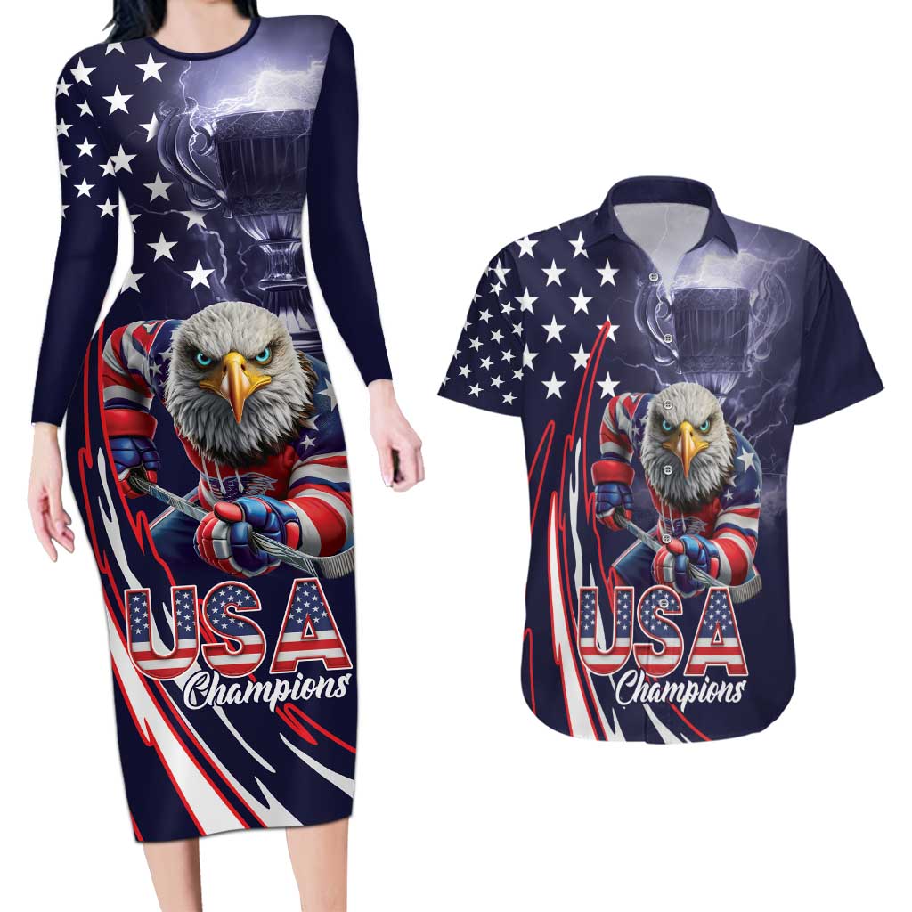 United States Ice Hockey Champions Personalized Couples Matching Long Sleeve Bodycon Dress and Hawaiian Shirt Lets Go Boy USA Goal