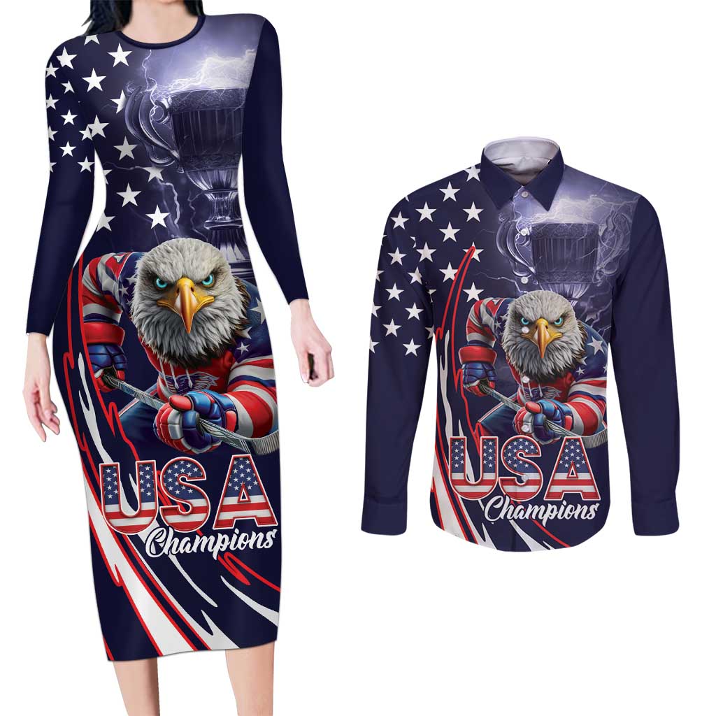 United States Ice Hockey Champions Personalized Couples Matching Long Sleeve Bodycon Dress and Long Sleeve Button Shirt Lets Go Boy USA Goal