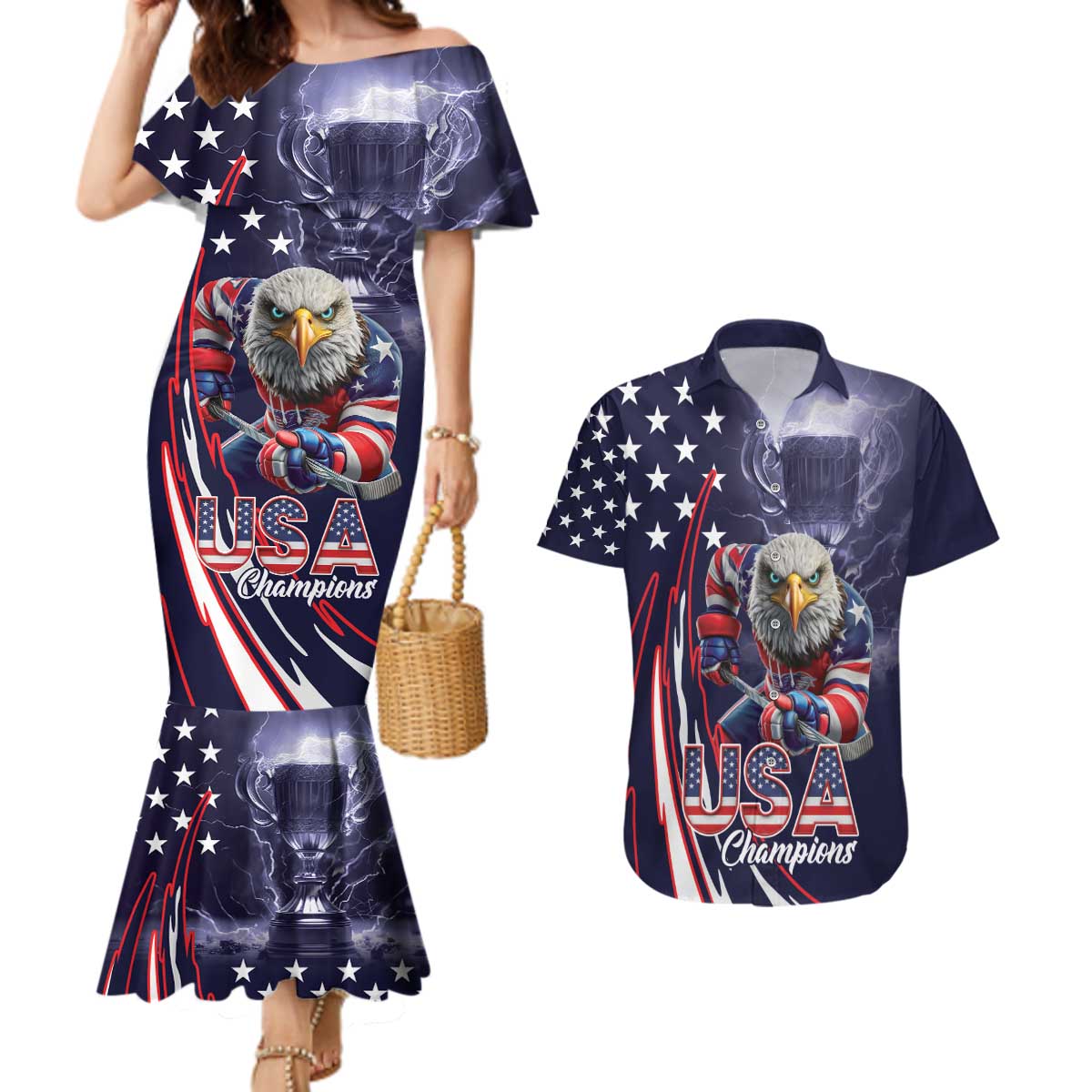 United States Ice Hockey Champions Personalized Couples Matching Mermaid Dress and Hawaiian Shirt Lets Go Boy USA Goal