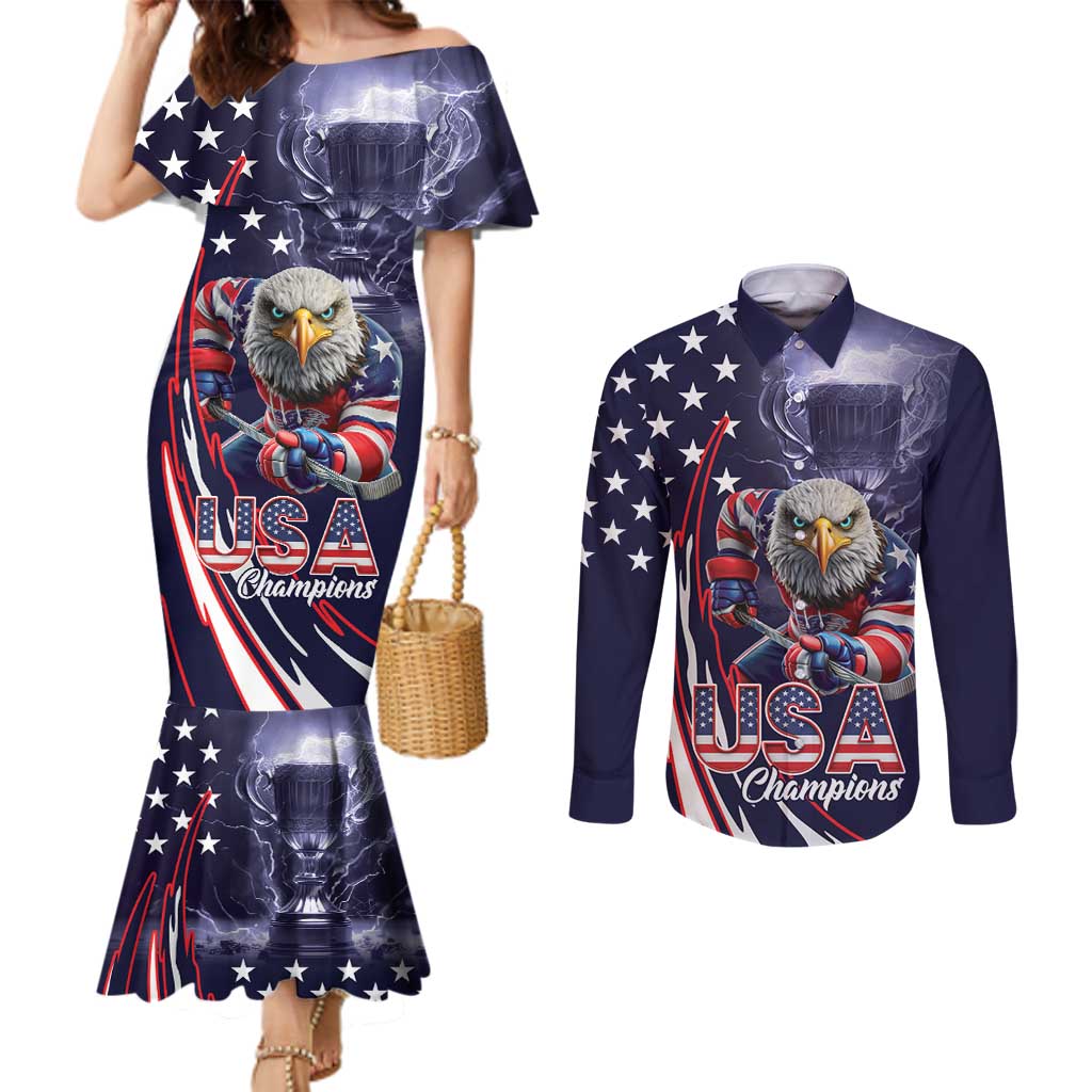 United States Ice Hockey Champions Personalized Couples Matching Mermaid Dress and Long Sleeve Button Shirt Lets Go Boy USA Goal