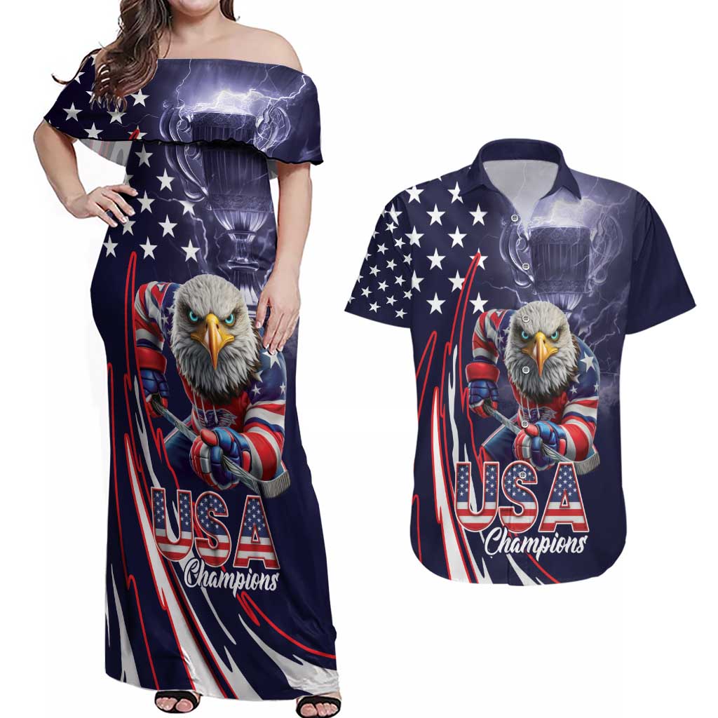 United States Ice Hockey Champions Personalized Couples Matching Off Shoulder Maxi Dress and Hawaiian Shirt Lets Go Boy USA Goal