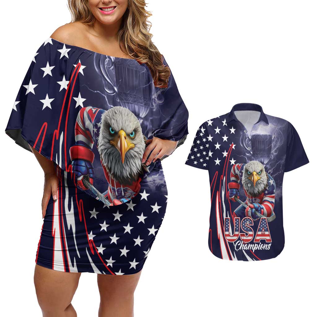 United States Ice Hockey Champions Personalized Couples Matching Off Shoulder Short Dress and Hawaiian Shirt Lets Go Boy USA Goal