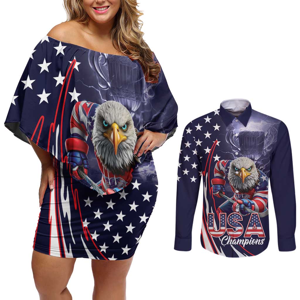 United States Ice Hockey Champions Personalized Couples Matching Off Shoulder Short Dress and Long Sleeve Button Shirt Lets Go Boy USA Goal