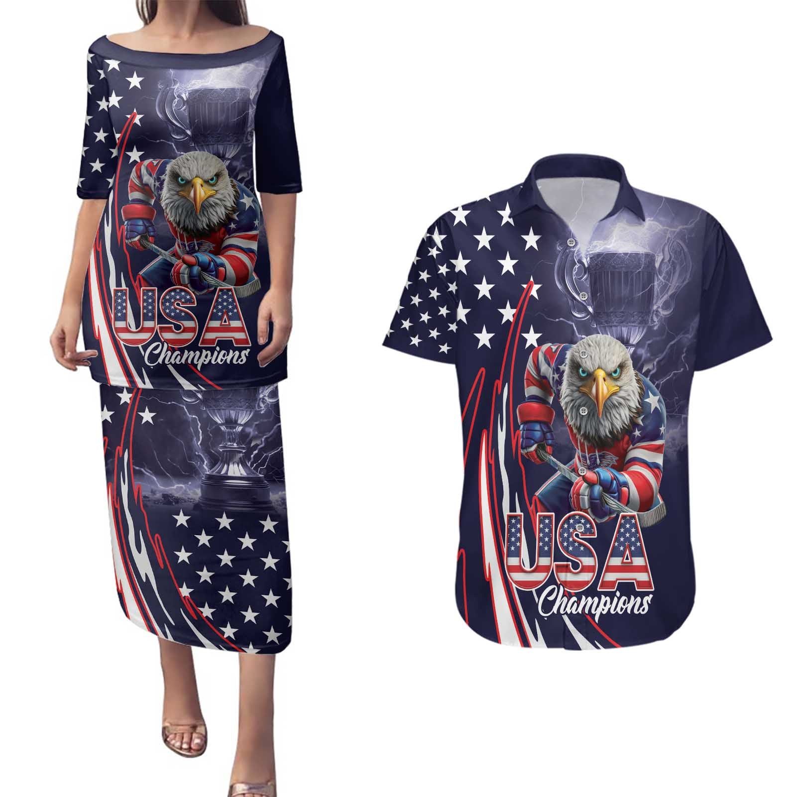 United States Ice Hockey Champions Personalized Couples Matching Puletasi and Hawaiian Shirt Lets Go Boy USA Goal