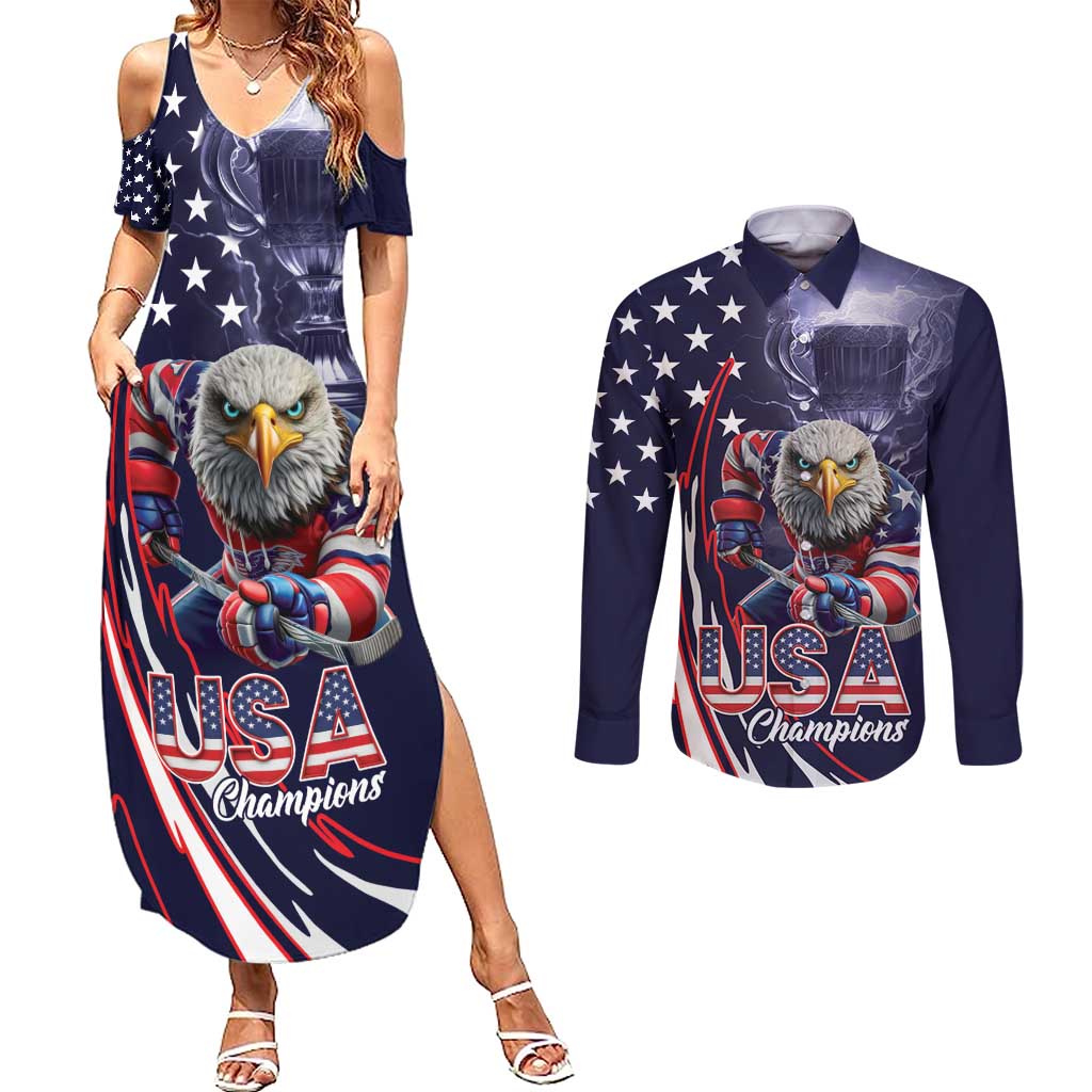 United States Ice Hockey Champions Personalized Couples Matching Summer Maxi Dress and Long Sleeve Button Shirt Lets Go Boy USA Goal