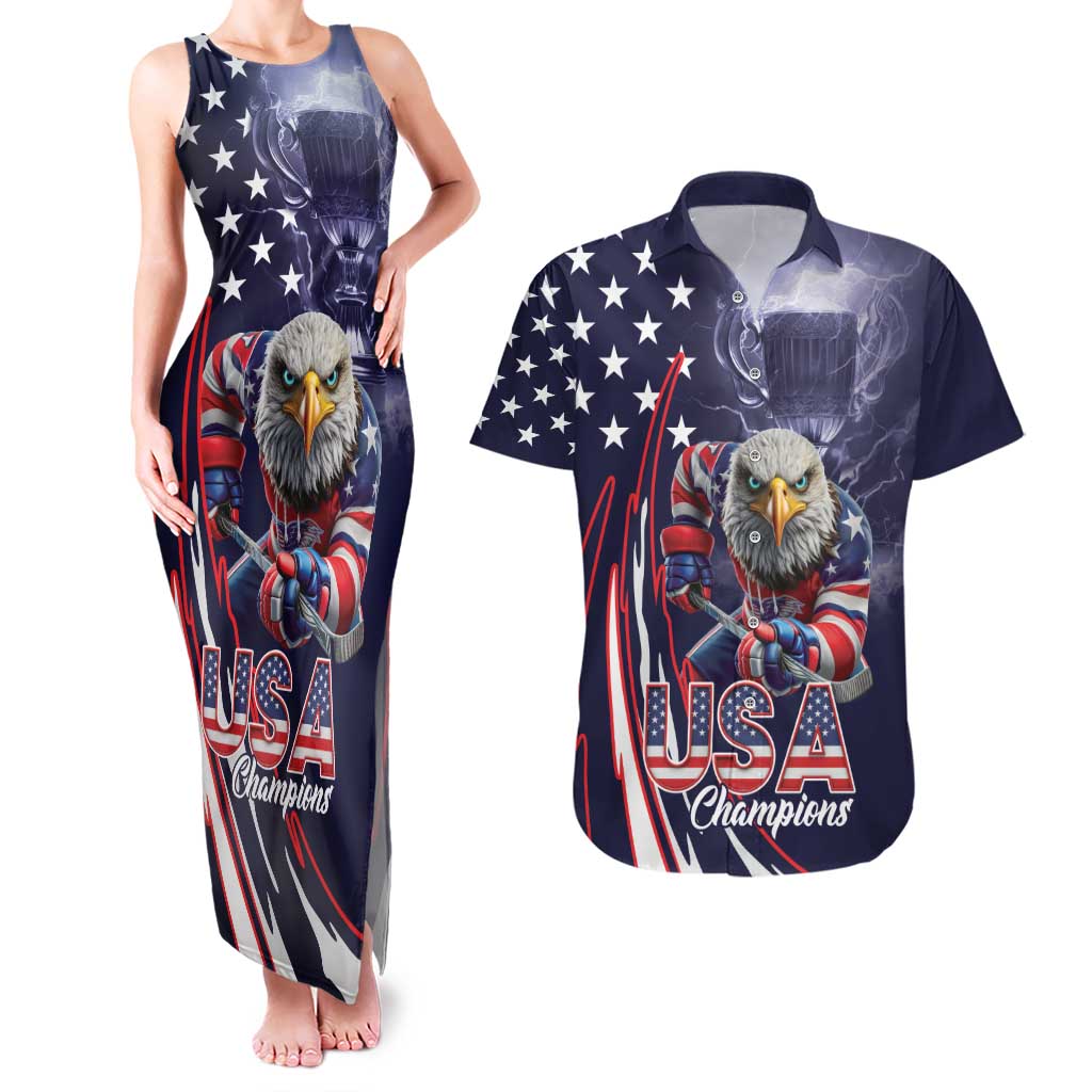 United States Ice Hockey Champions Personalized Couples Matching Tank Maxi Dress and Hawaiian Shirt Lets Go Boy USA Goal