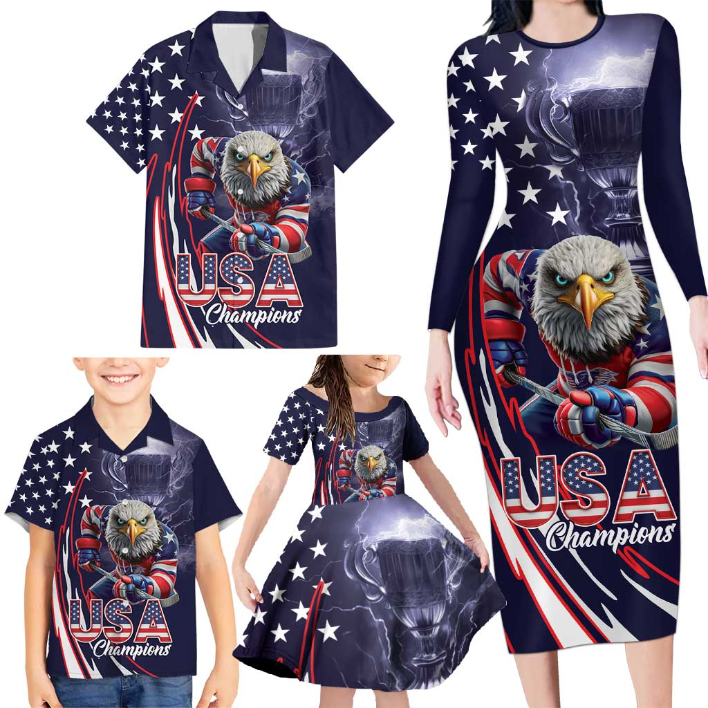 United States Ice Hockey Champions Personalized Family Matching Long Sleeve Bodycon Dress and Hawaiian Shirt Lets Go Boy USA Goal