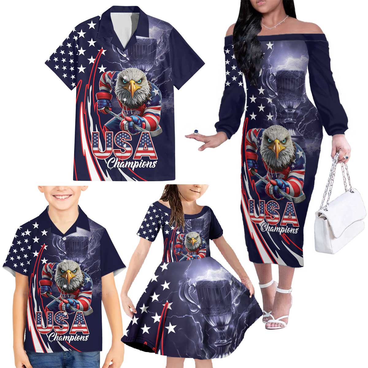 United States Ice Hockey Champions Personalized Family Matching Off The Shoulder Long Sleeve Dress and Hawaiian Shirt Lets Go Boy USA Goal