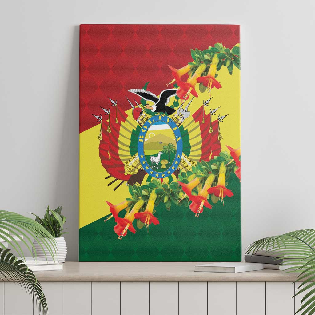 Canvas wall art featuring Andean condor shield emblem with orange-red flowers and green leaves