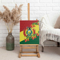 Canvas wall art showing Andean condor emblem with orange-red flowers and green foliage