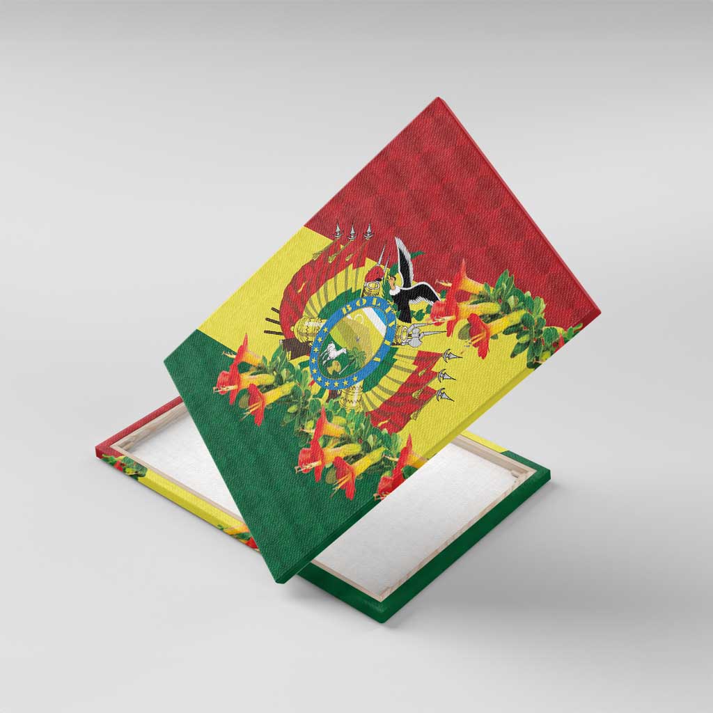 Angled canvas wall art print with Andean condor shield emblem and orange-red flowers