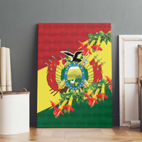Canvas wall art of Andean condor emblem with orange-red flowers on red yellow green background