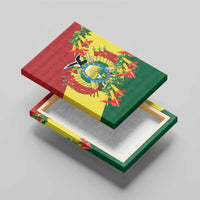 Angled canvas wall art panel featuring Andean condor emblem and orange-red flowers