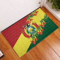 Rubber doormat laid diagonally indoors, with Bolivia flag triangle and condor crest