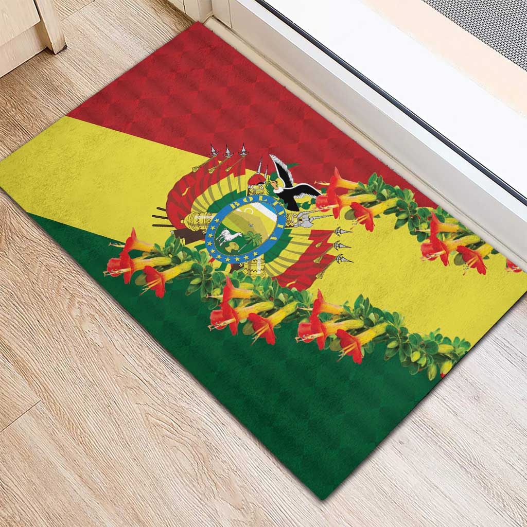 Rubber doormat with Bolivia crest, Andean condor and red kantuta blooms on flag
