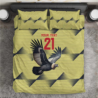 Yellow bedding set with condor graphic, bold 21, and matching pillowcases
