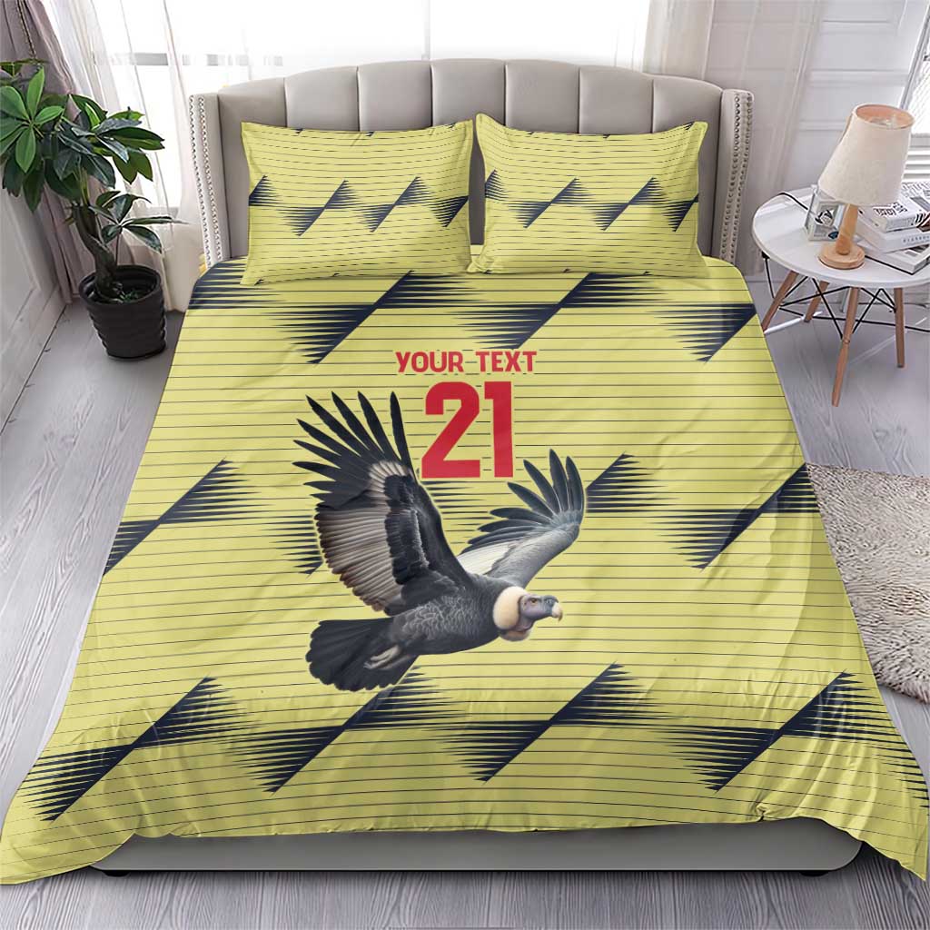 Yellow duvet and pillow set with condor graphic and 21, two matching pillowcases