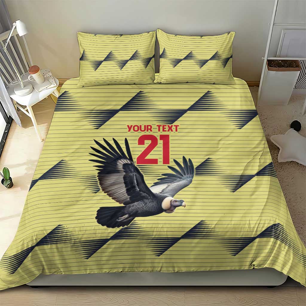 Yellow bedding set with condor graphic and 21, includes two pillowcases
