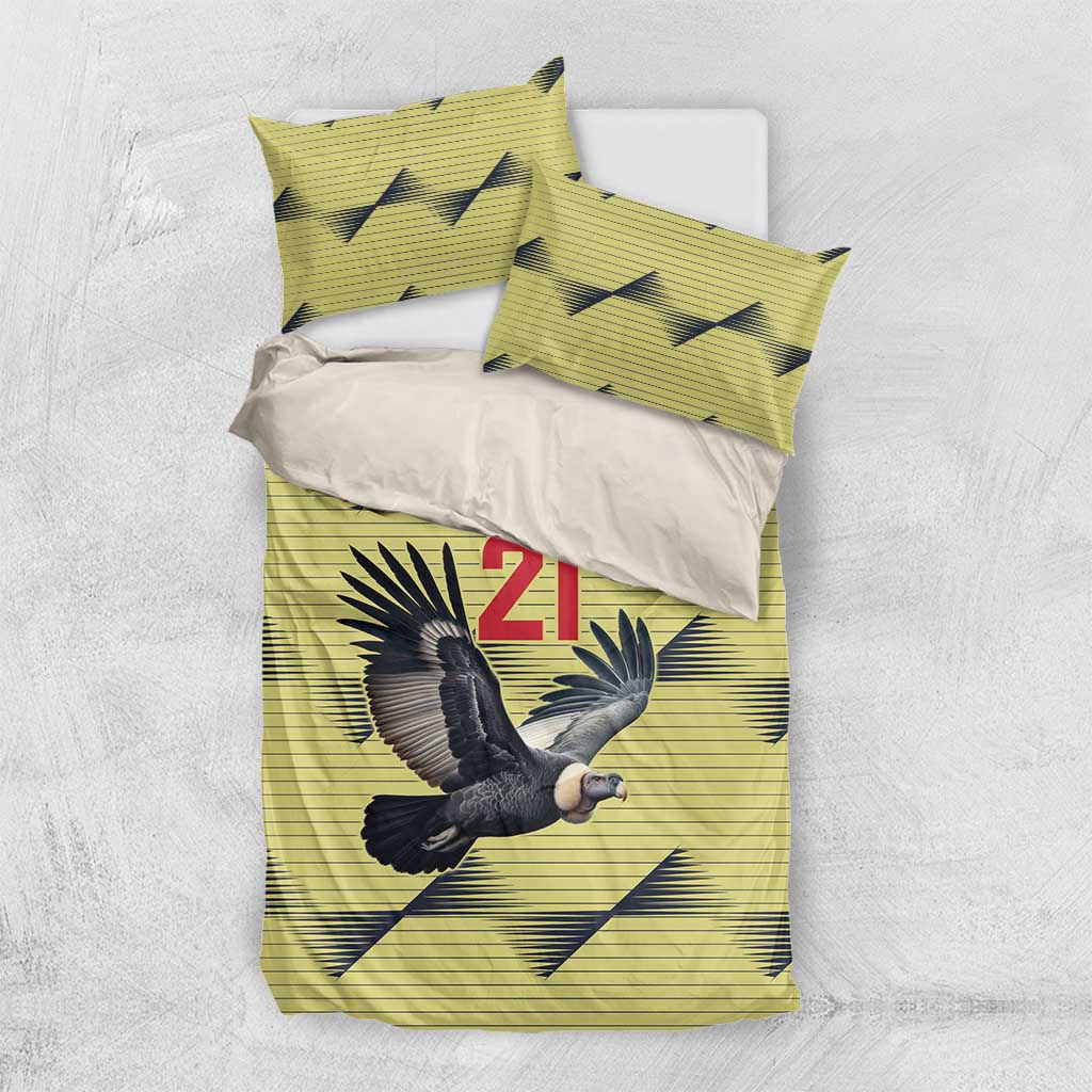 Yellow bedding set with condor graphic and 21 emblem, two pillowcases