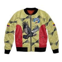 Unisex yellow bomber jacket with front zip, bird graphic, and football badge