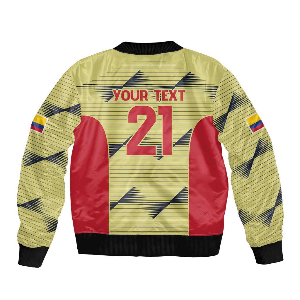Unisex yellow bomber jacket with back print YOUR TEXT 21, red panels, black ribbed hem