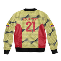 Unisex yellow bomber jacket with back print YOUR TEXT 21, red panels, black ribbed hem