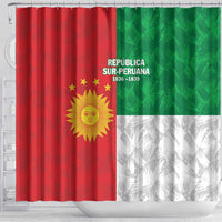 South Peru shower curtain with Republica Sur-Peruana text, red/green halves and sun emblem