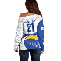 Women’s off-shoulder sweater, back print with “YOUR TEXT 21” and Uruguay flag