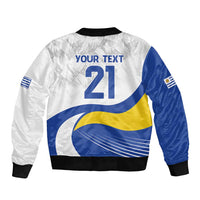 Unisex football bomber jacket, white with blue side panels, back print YOUR TEXT 21