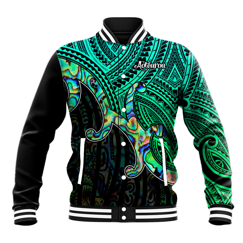 Green tribal patterned baseball jacket with black sleeves, button front and striped cuffs