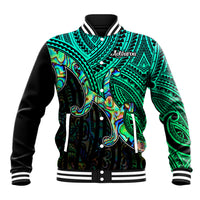 Green tribal patterned baseball jacket with black sleeves, button front and striped cuffs