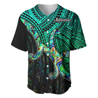 Green and black baseball jersey with Aotearoa text and tribal Maori pattern, button front