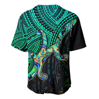 Green and black baseball jersey with tribal Maori print, v-neck collar