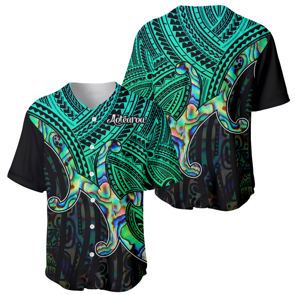 Green and black baseball jersey with Aotearoa text and tribal Maori pattern, short sleeves