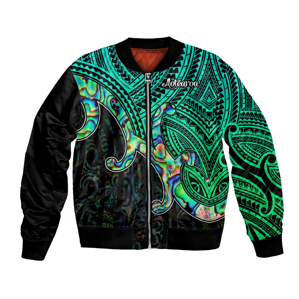 Green bomber jacket with black sleeves, ribbed collar and zip front, tribal shell pattern