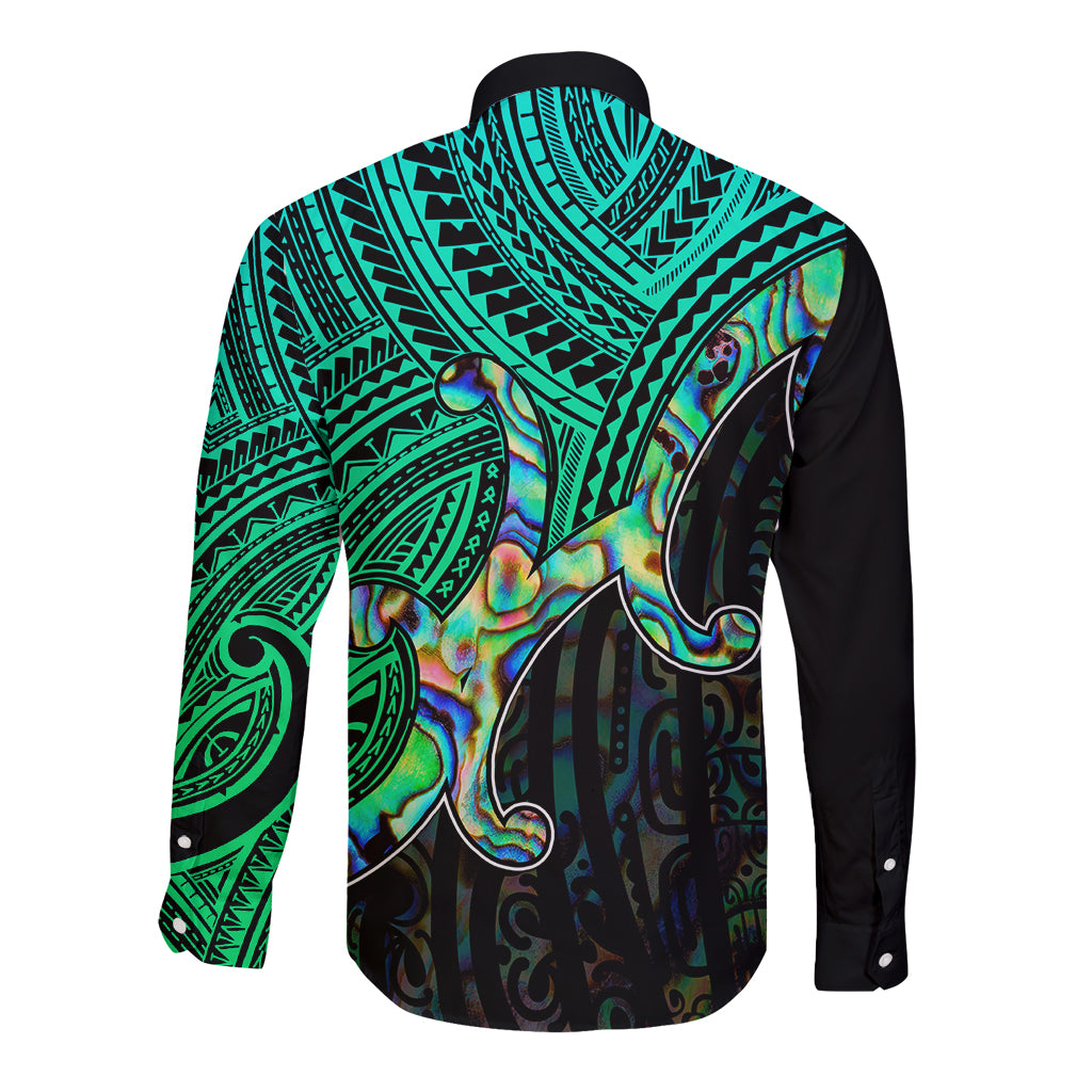 Green and black long sleeve button shirt with tribal pattern and iridescent shell motif