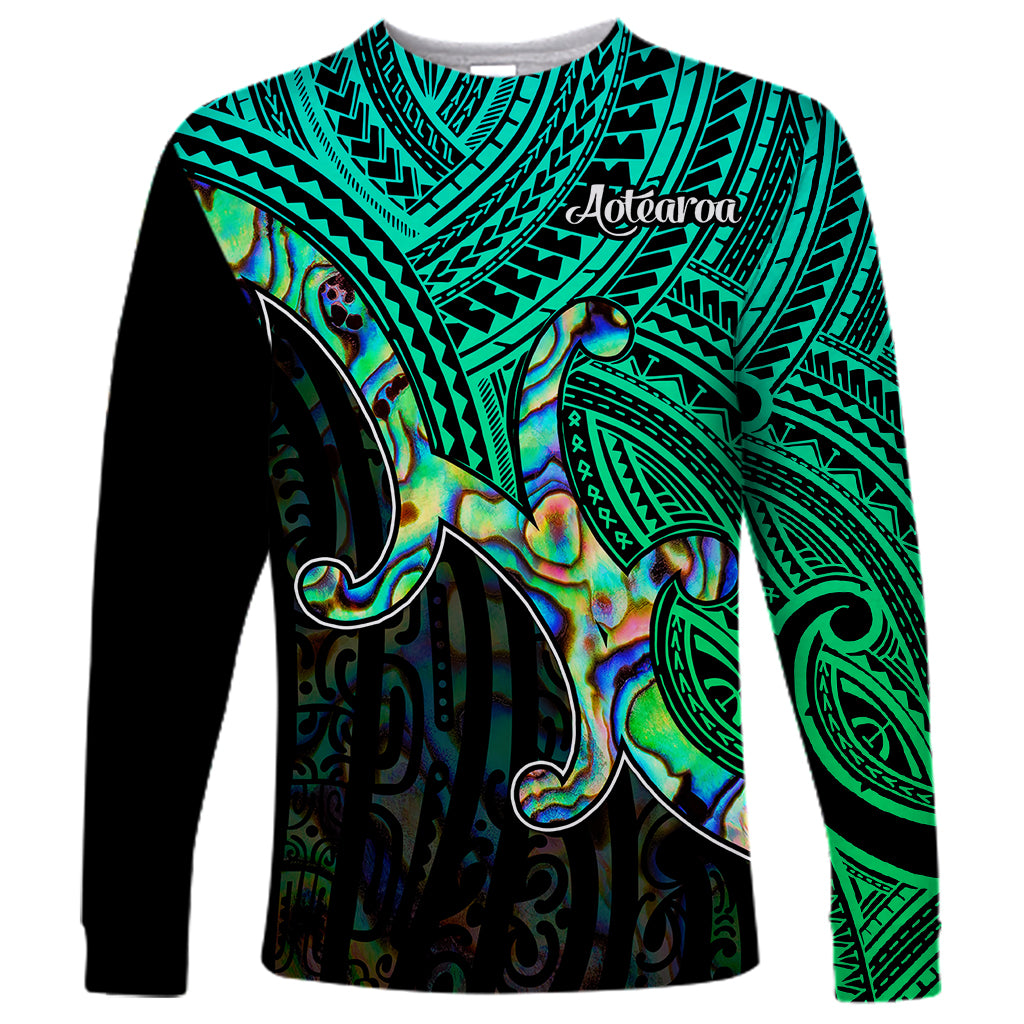 Unisex long-sleeve crewneck shirt in green with detailed tribal pattern and iridescent accents