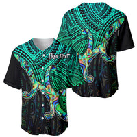 Green/black baseball jersey with tribal print and "YourText" chest logo, V-neck buttons