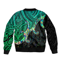 Custom Maori bomber jacket back: green tribal print, black ribbed hem and sleeves