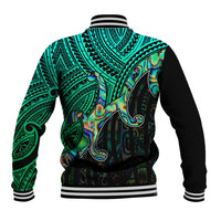 Unisex teal/green tribal baseball jacket back view, black sleeves, striped ribbed hem