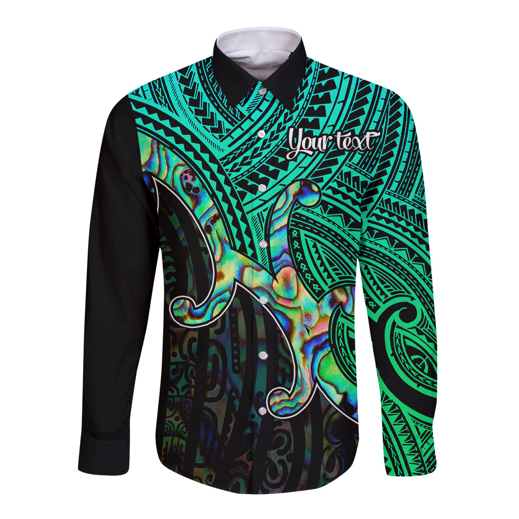 Long sleeve button-up shirt with teal Maori-style patterns and multicolor wave artwork