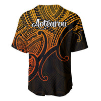 Polynesian baseball jersey, gold and black with orange tribal print and 'Aotearoa' text