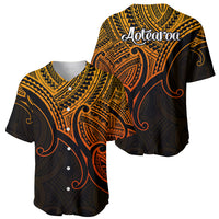 Polynesian baseball jersey, gold-and-black front with Maori koru motifs and button placket